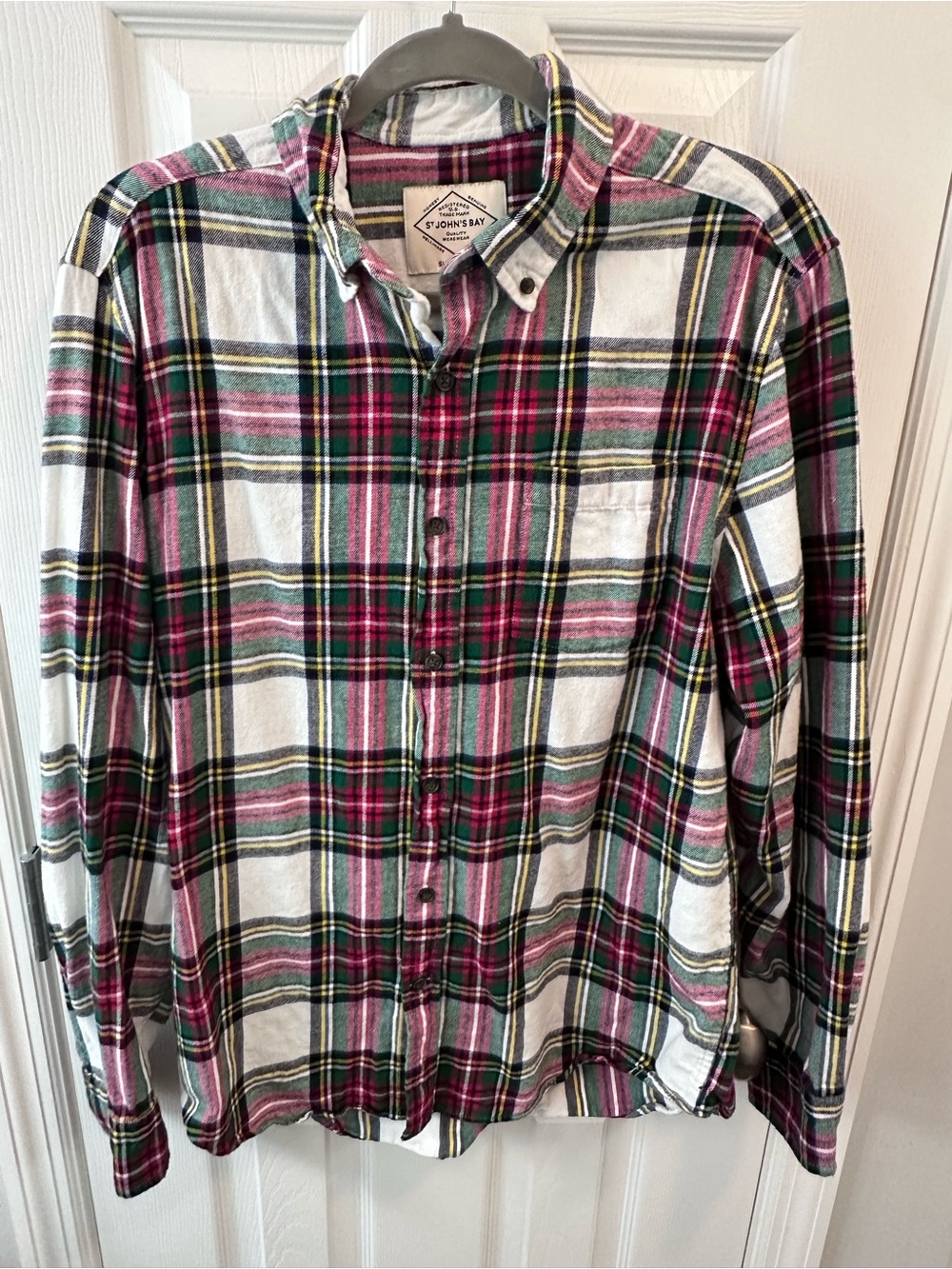 St. John's Bay Men's Plaid Button-Down Shirt - White, Green & Pink